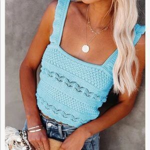 NEW Ice Blue Knit Crochet Camisole Crop Top